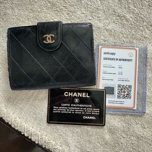 CHANEL Black Quilted Leather Compact Wallet with Gold CC
